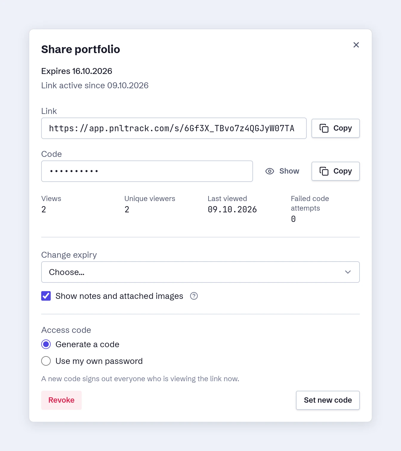 Portfolio freigeben: Link, Zugangscode, Aufrufe und Schalter für Notizen